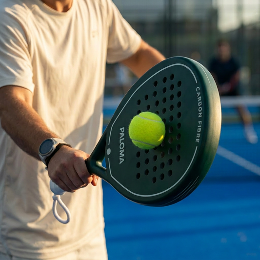 Player hitting with Paloma padel racket on court