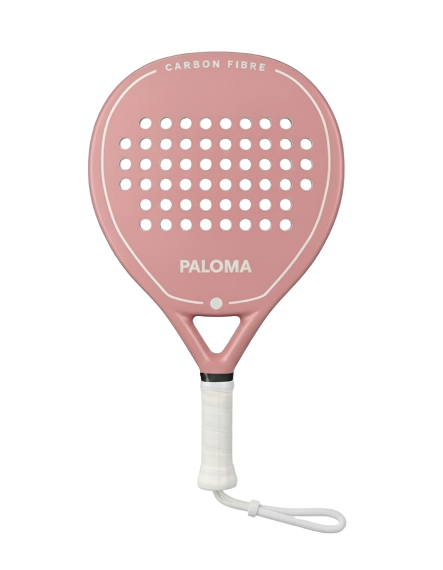 Pink paddle racket with 'Paloma' branding on a white background
