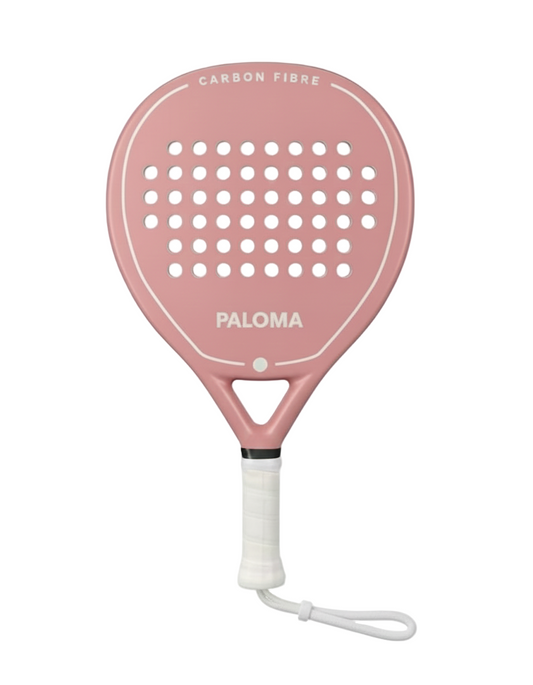 Pink paddle racket with 'Paloma' branding on a white background