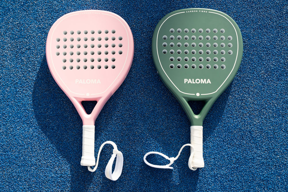 Paloma Doubles Set shown with one Paloma Pink and one Ivory Green racket